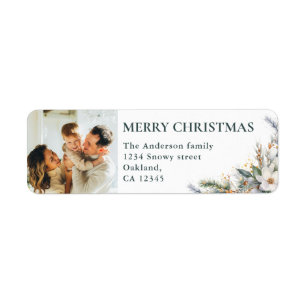 Cute Photo & Pine Greenery   Green Merry Christmas Return Address Label