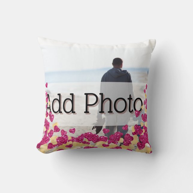 Cute Photo Pink and Gold Glitter Heart Modern love Cushion (Front)