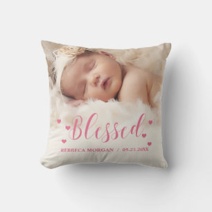 Cute Photo Pink Blessed Newborn Baby Birth Cushion