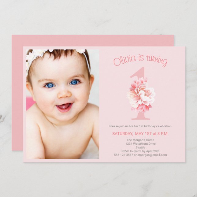Cute Photo Pink Floral Girl's First Birthday Party Invitation (Front/Back)
