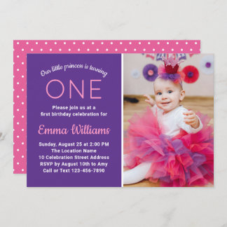 Cute Photo Pink Purple Princess Girl 1st Birthday Invitation