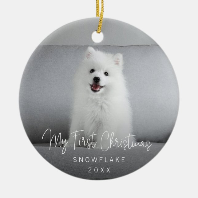 Cute Photo Puppy Dog First Christmas Ceramic Ornament (Front)