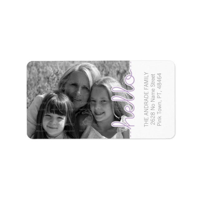 Cute Photo Purple White Hello Cutout Vertical Text Label (Front)