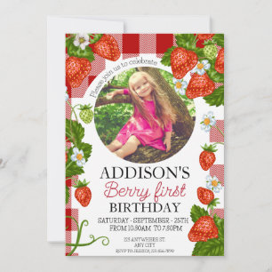 Cute Photo Red Blue Berry Sweet 1st Birthday Invitation