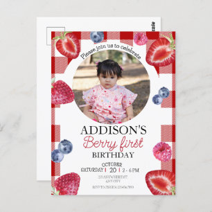 Cute Photo Red Blue Berry Sweet 1st Birthday Postcard
