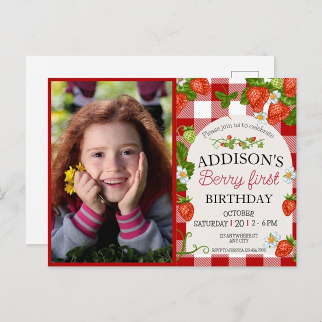 Cute Photo Red Blue Berry Sweet 1st Birthday Postcard (Front/Back)