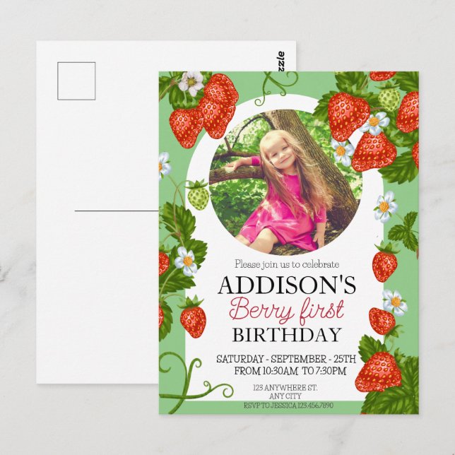 Cute Photo Red Blue Berry Sweet 1st Birthday Postcard (Front/Back)