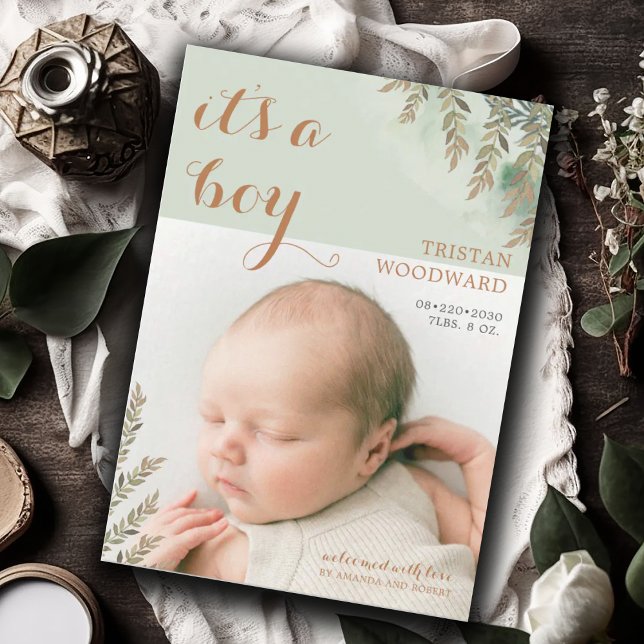 Cute Photo Sage Cocoa Boy Birth Announcement (Creator Uploaded)