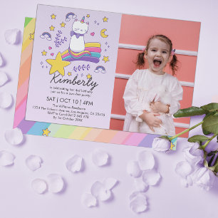 Cute Photo Unicorn Cat Kids Birthday Party Invitation
