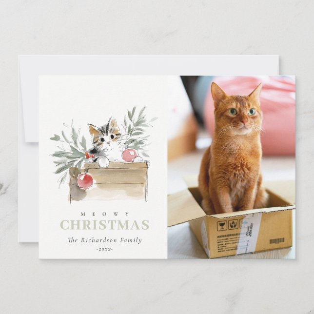 Cute Photo Watercolor Meowy Christmas Box Cat Holiday Card (Front)