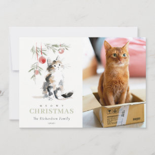 Cute Photo Watercolor Meowy Christmas Tree Cat Holiday Card