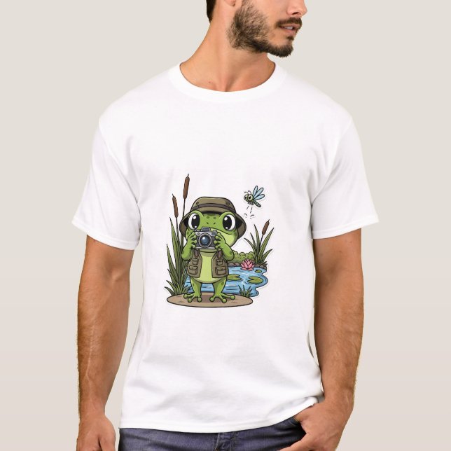 Cute Photographer Frog with Camera, Dragonfly T-Shirt (Front)