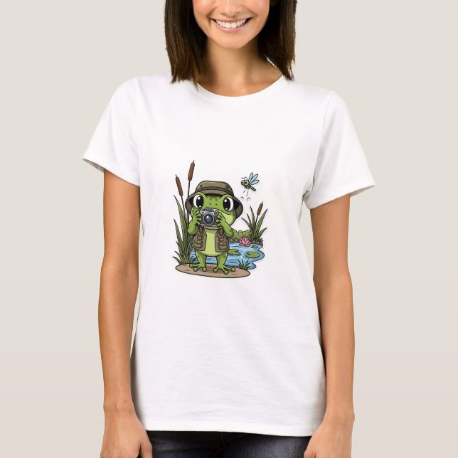 Cute Photographer Frog with Camera, Dragonfly T-Shirt (Front)