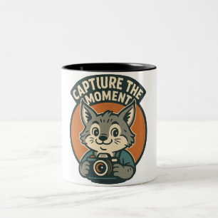 Cute Photographer Lynx Vintage Mascot Design Two-Tone Coffee Mug