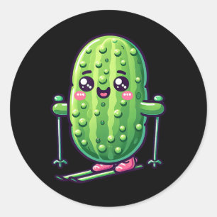 Cute Pickle On Skis Kawaii Skiing Mountain Vibes  Classic Round Sticker