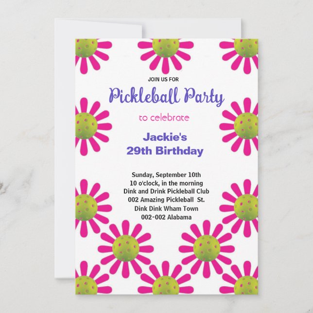 Cute Pickleball Happy B'day + RSVP invitation (Front)