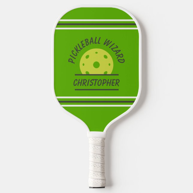 Cute Pickleball Wizard Name Ball Green Grey Sports Pickleball Paddle (Front)