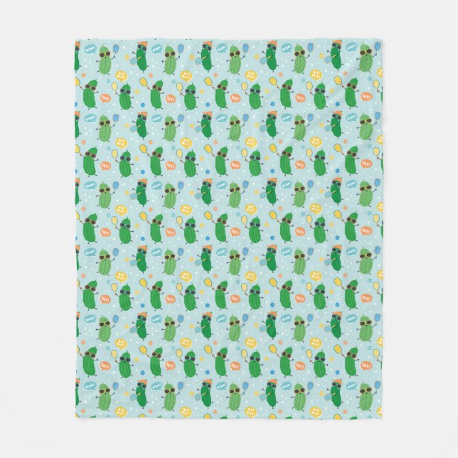 Cute Pickles playing Pickleball on light blue Fleece Blanket (Front)