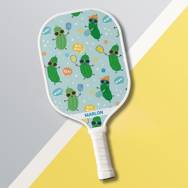 Cute Pickles playing Pickleball on light blue Pickleball Paddle (Creator Uploaded)