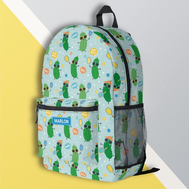 Cute Pickles playing Pickleball on light blue Printed Backpack (Creator Uploaded)
