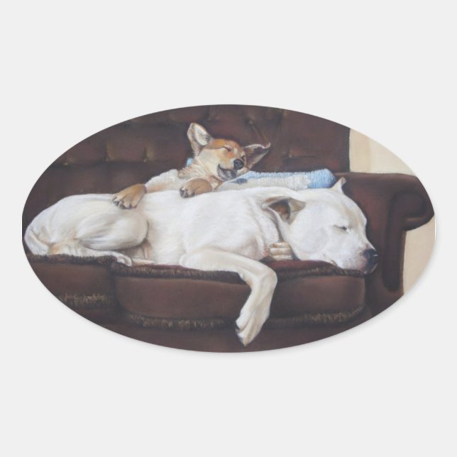 cute picture of puppy cuddling                     oval sticker (Front)