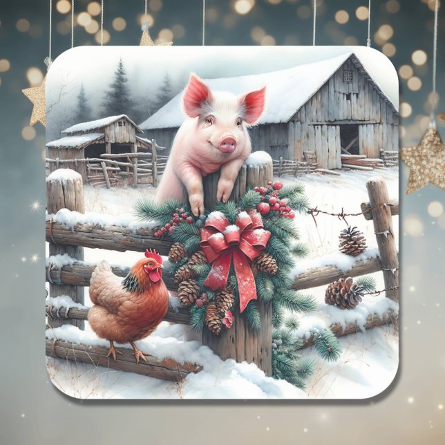 Cute Pig and Chicken Christmas Farm   Square Sticker (Creator Uploaded)