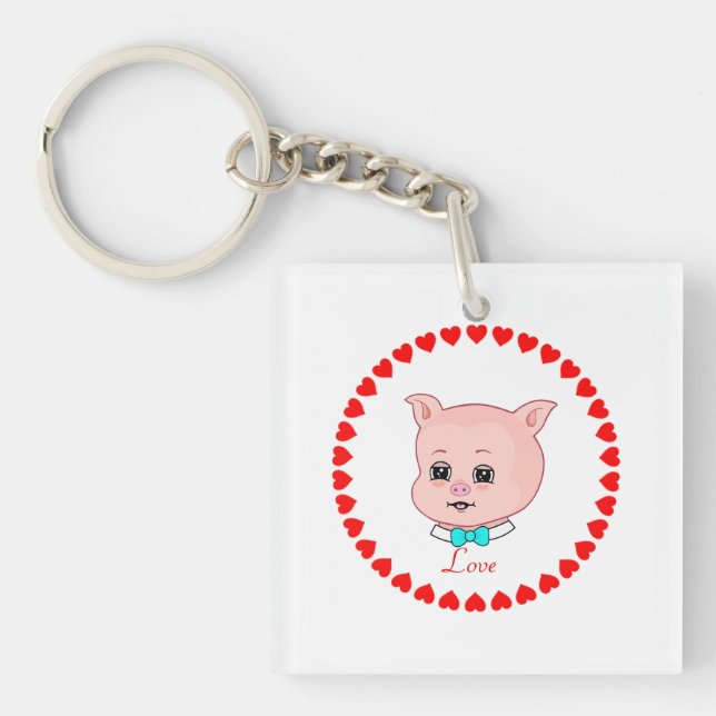 Cute Pig and Hearts Key Ring (Front)