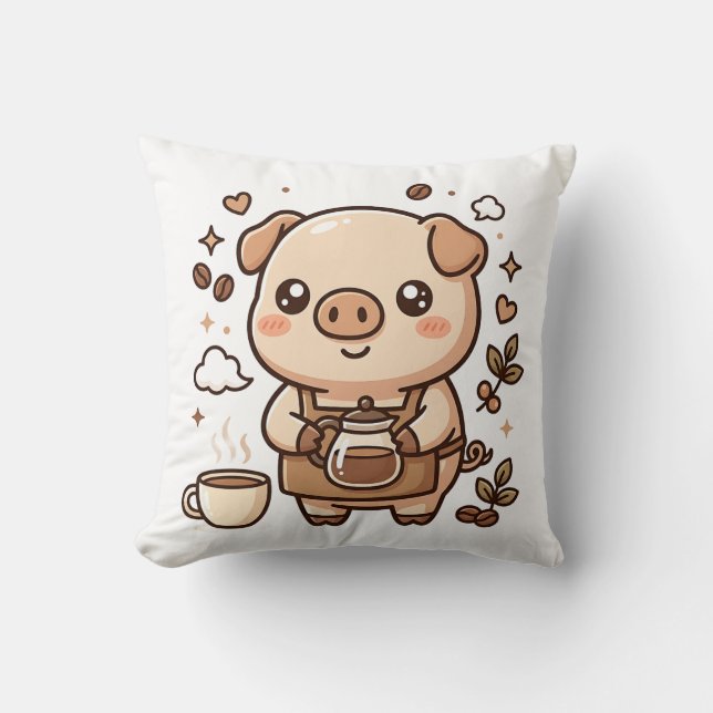 Cute Pig Barista Throw Pillow (Front)