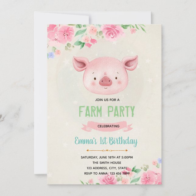 Cute pig birthday invitation (Front)
