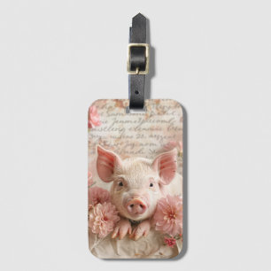 Cute Pig Blush Pink Flowers Luggage Tag