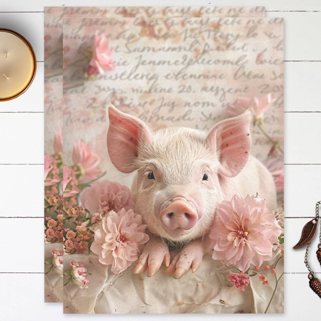 Cute Pig Blush Pink Flowers Shabby Decoupage Tissue Paper (Creator Uploaded)