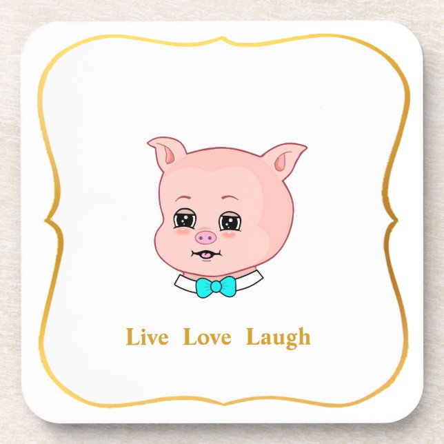 Cute Pig Cartoon & Calligraphy on White Coaster (Front)