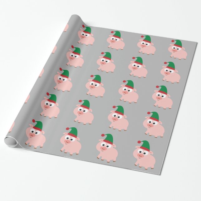Cute Pig Christmas Elf Wrapping Paper (Unrolled)