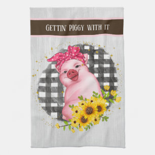 cute pig Country kitchen add text Tea Towel
