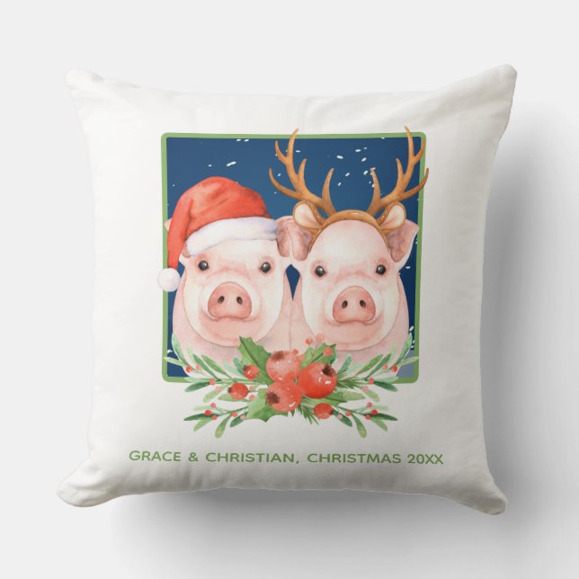 Cute Pig Couple Christmas Cushion (Front)