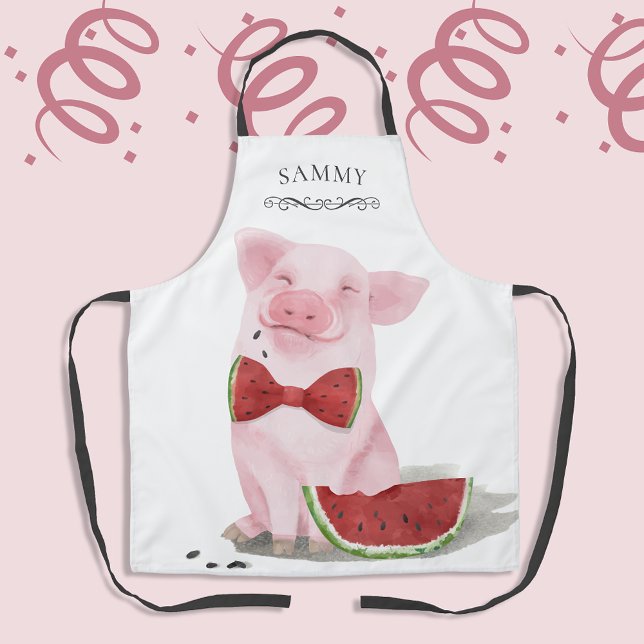 Cute Pig Eating Watermelon Monogrammed Apron (Creator Uploaded)