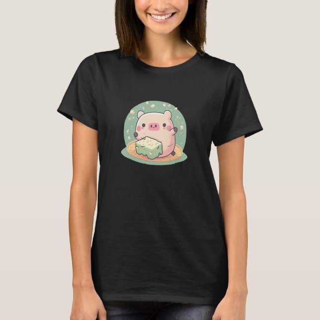 Cute Pig Enjoys Tofu Adorable Animal Loves Delicio T-Shirt (Front)