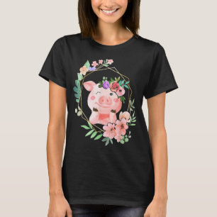 Cute Pig Flower Crown And Frame Watercolor T-Shirt
