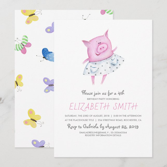 Cute Pig Girl's Birthday Party Invitation (Front/Back)