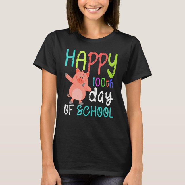 Cute Pig Happy 100th Day Of School Farm Animal Kid T-Shirt (Front)