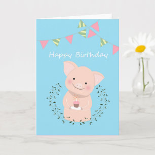 Cute Pig holding a Cupcake Happy Birthday  Card