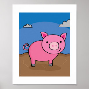 Cute Pig Illustration Kids Farm Animal Art Poster
