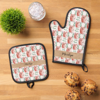 Cute Pig Illustration Oven Gloves – Farm Animal  Mitt & Pot Holder Set