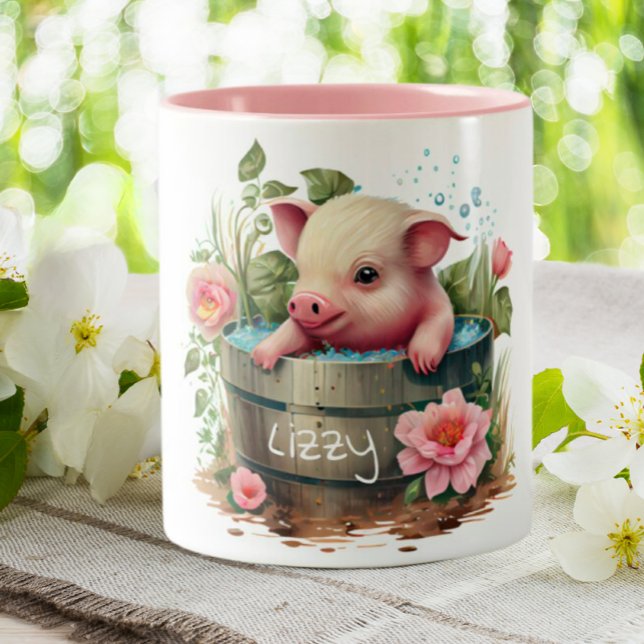 Cute Pig in a Bucket Pink Flowers Personalised Two-Tone Coffee Mug (Creator Uploaded)