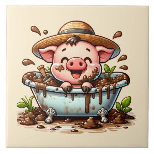 Cute pig in a mud bath bathroom ceramic tile