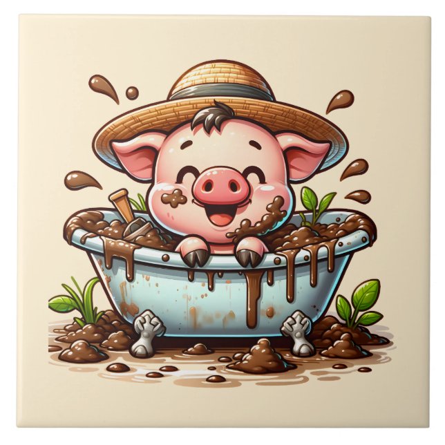 Cute pig in a mud bath bathroom ceramic tile (Front)