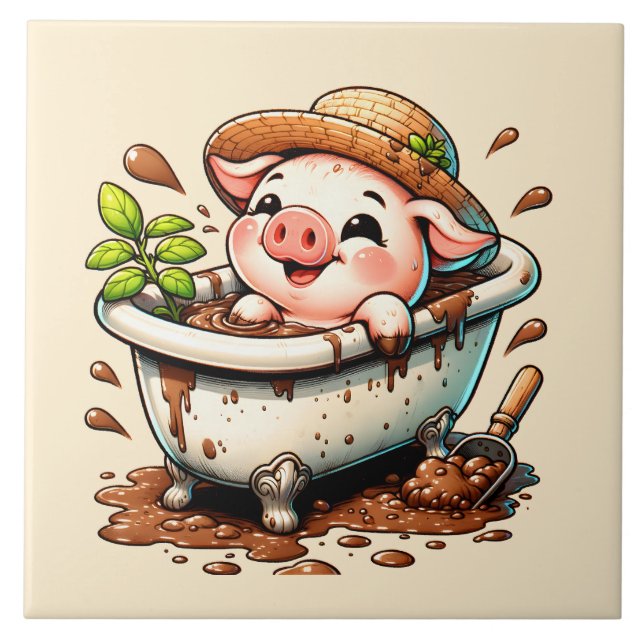 Cute pig in a mud bath bathroom  ceramic tile (Front)