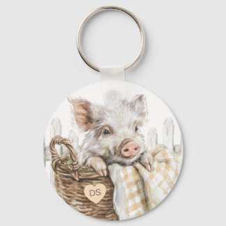 Cute Pig In Basket Monogram Personalised Key Ring