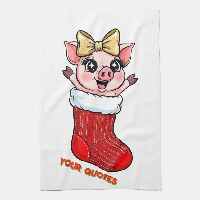 Cute Pig in Christmas Stocking Tea Towel (Vertical)