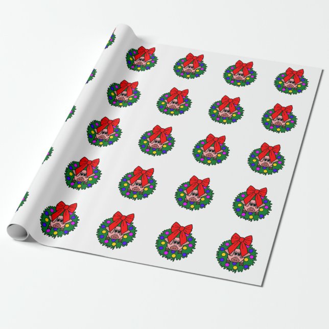 Cute Pig in Christmas Wreath Wrapping Paper (Unrolled)